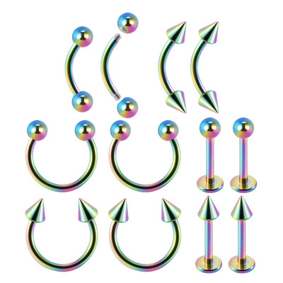12 bucăți design mixt din oțel chirurgical anodizat buză captive margele inele curbate sprâncene barbell piercing helix cartilaj tragus cercel