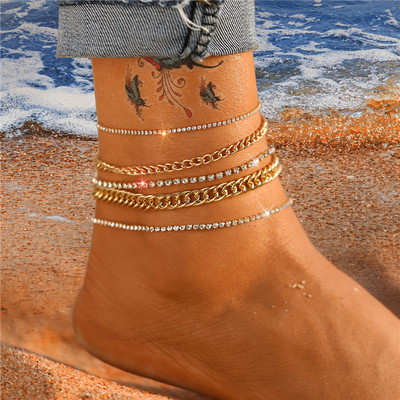 Set de glezne de cristal multistrat la modă 17KM pentru femei, fete, de culoare aurie, lanț gros, gleznă, gleznă, gleznă, bijuterii pentru picior