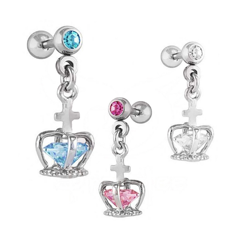 PERECHE Crystal CZ Gem Heart Dangling Crown Design Owl Pendant Cerce Stud Tragus Helix Cartilage Piercing Bijuterii
