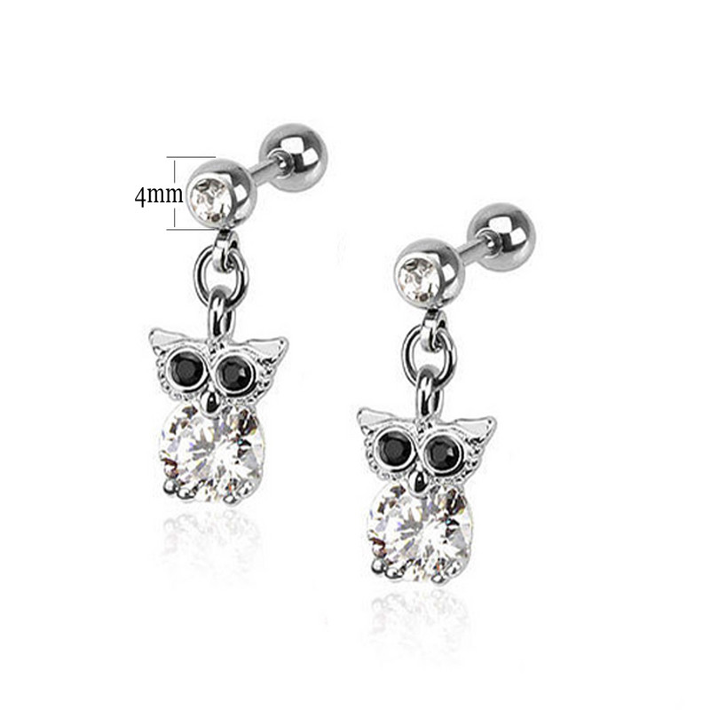 PERECHE Crystal CZ Gem Heart Dangling Crown Design Owl Pendant Cerce Stud Tragus Helix Cartilage Piercing Bijuterii