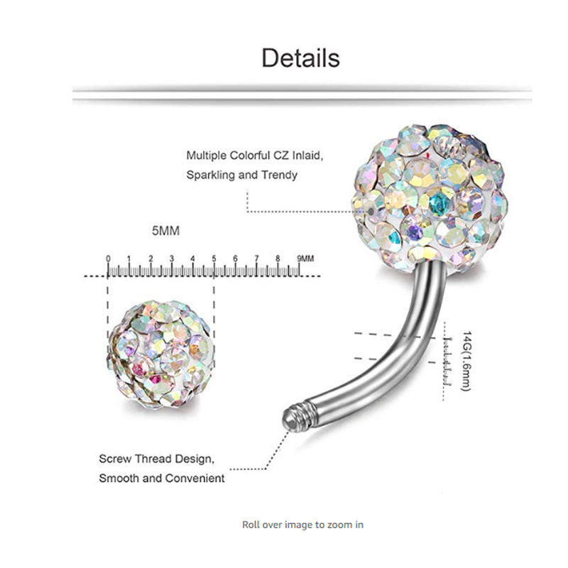 1 buc din oțel inoxidabil 316l Ferido Gem Piercing pentru buric, bile duble colorate de cristal epoxidic, inel pentru buric, bijuterii pentru corp 14 g