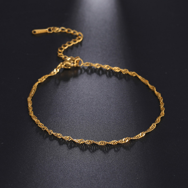 Skyrim Fashion Twist Water Wave Picior Brățară de gleznă din oțel inoxidabil de culoare aurie, lanț de picior de plajă, bijuterii pentru gleznă pentru femei, fete