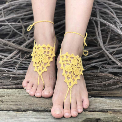 Κροσέ ξυπόλητα σανδάλια παραλίας πισίνα Φορέστε δαχτυλίδι με δαχτυλίδι Γυμνά παπούτσια Κοσμήματα ποδιών βικτωριανά παπούτσια γιόγκα με δαντέλα Νυφικό