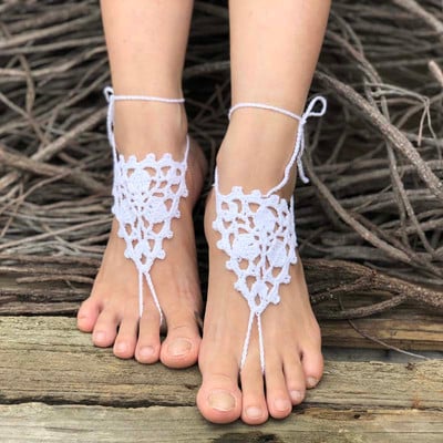 Κροσέ ξυπόλητα σανδάλια παραλίας πισίνα Φορέστε δαχτυλίδι με δαχτυλίδι Γυμνά παπούτσια Κοσμήματα ποδιών βικτωριανά παπούτσια γιόγκα με δαντέλα Νυφικό