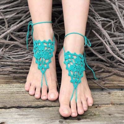 Κροσέ ξυπόλητα σανδάλια παραλίας πισίνα Φορέστε δαχτυλίδι με δαχτυλίδι Γυμνά παπούτσια Κοσμήματα ποδιών βικτωριανά παπούτσια γιόγκα με δαντέλα Νυφικό