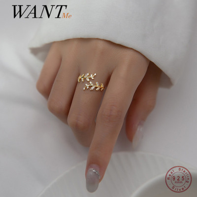 WANTME 925 стерлингово сребро, сладък романтичен циркон, отворен клон, малък лист, регулируем пръстен за жени, бижута за корейско сватбено парти