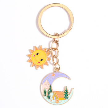 Χαριτωμένο μπρελόκ από σμάλτο Sun Forest House Mountain Key Ring Moon Keychains για γυναίκες Ανδρικές τσάντες Αξεσουάρ DIY Δώρα κοσμημάτων