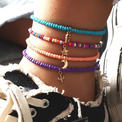 4 buc/set Bohemia margele lucrate manual glezna stea lunii pandantiv elastic cu lanț desculț bijuterii pentru picioare pentru femei accesorii de plajă de vară