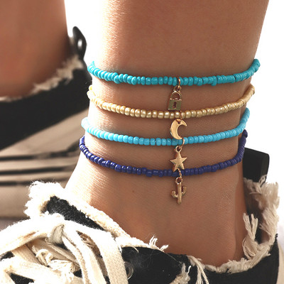 4 buc/set Bohemia margele lucrate manual glezna stea lunii pandantiv elastic cu lanț desculț bijuterii pentru picioare pentru femei accesorii de plajă de vară
