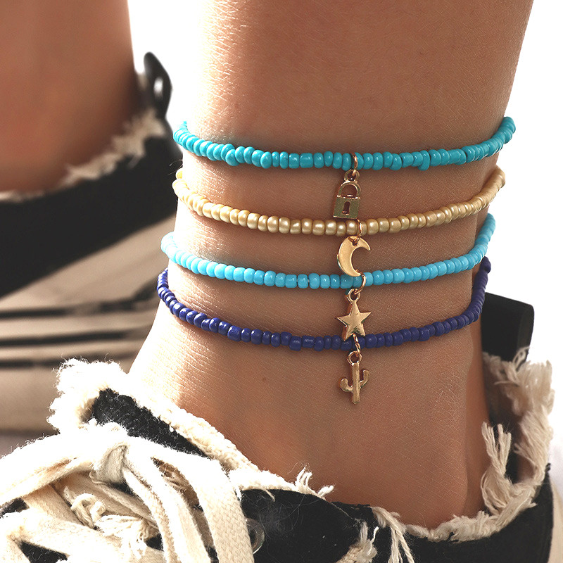 4 buc/set Bohemia margele lucrate manual glezna stea lunii pandantiv elastic cu lanț desculț bijuterii pentru picioare pentru femei accesorii de plajă de vară