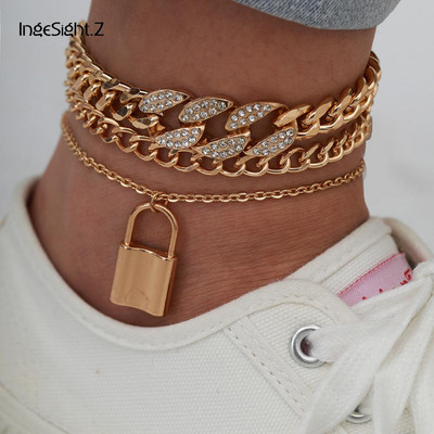 IngeSight.Z Iced Out Rhinestone Crystal Miami Curb Cuban Anklet Σετ με λουκέτο Κρεμαστό ποδαράκι στο πόδι Ξυπόλητα σανδάλια Κοσμήματα Δώρο