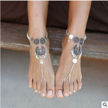 Винтидж сребърна верига за крака Бохемски глезени с пискюли за жени Боси сандали Летни бижута Drop Shipping