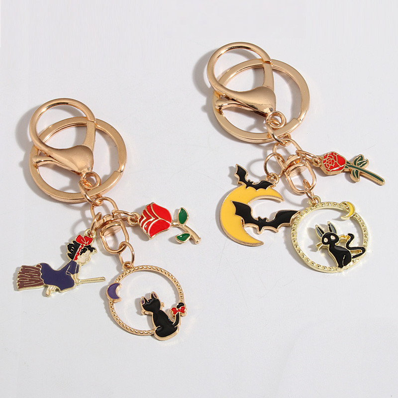Breloc cu desene animate Vrăjitoare Fete Lună Pisică Liliac Trandafir Inel cheie Breloc emailat Cadouri de suvenir pentru femei Bărbați Bijuterii lucrate manual