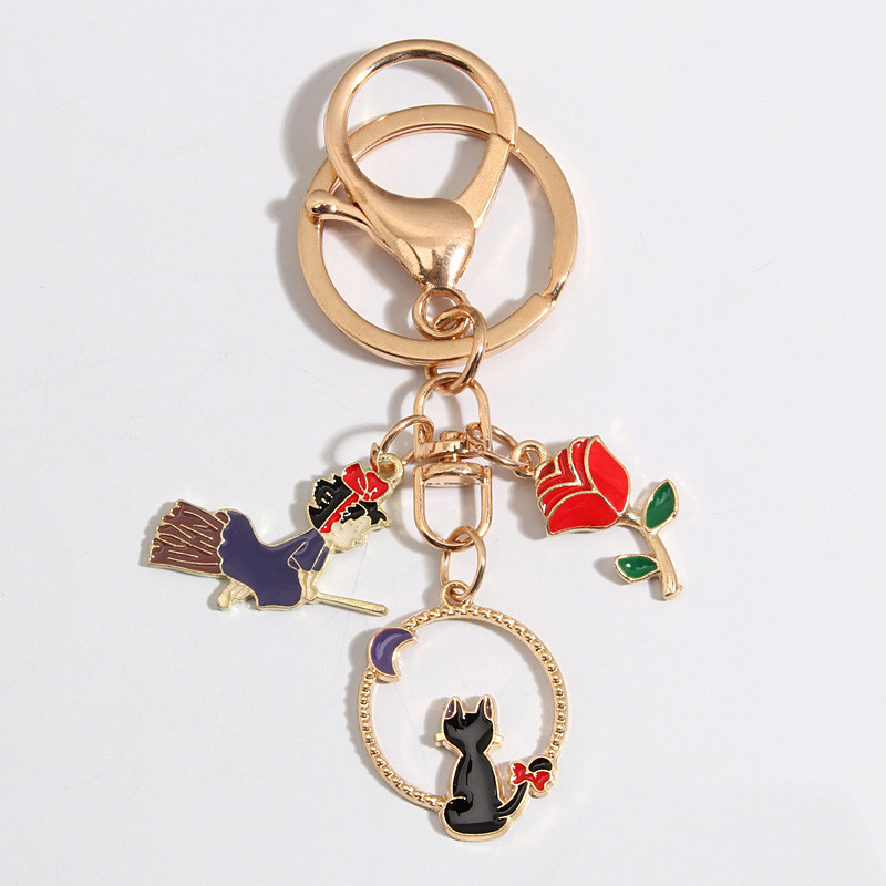 Breloc cu desene animate Vrăjitoare Fete Lună Pisică Liliac Trandafir Inel cheie Breloc emailat Cadouri de suvenir pentru femei Bărbați Bijuterii lucrate manual