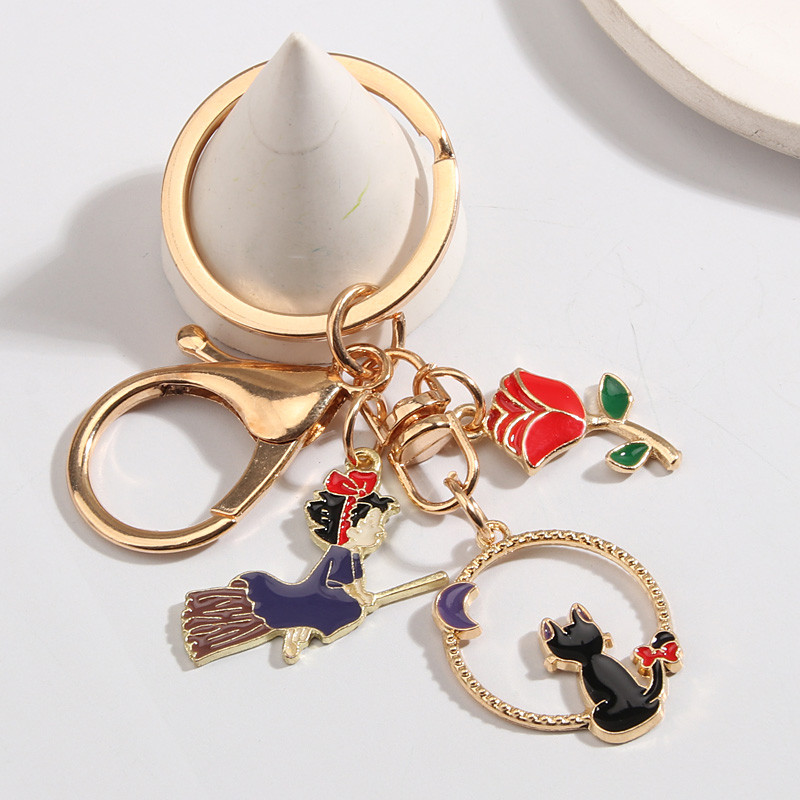 Breloc cu desene animate Vrăjitoare Fete Lună Pisică Liliac Trandafir Inel cheie Breloc emailat Cadouri de suvenir pentru femei Bărbați Bijuterii lucrate manual