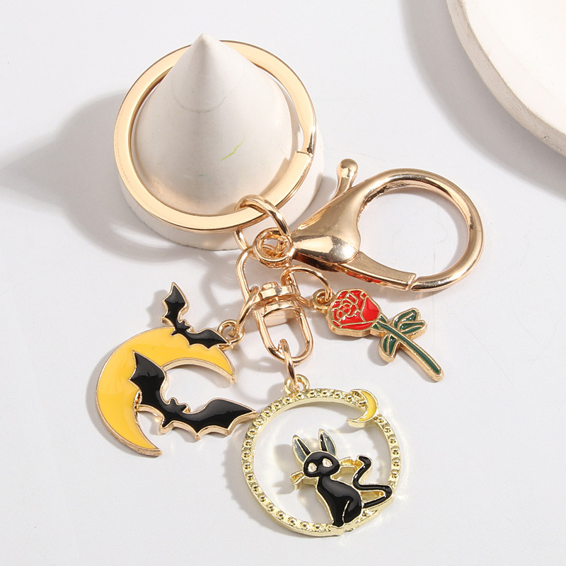 Breloc cu desene animate Vrăjitoare Fete Lună Pisică Liliac Trandafir Inel cheie Breloc emailat Cadouri de suvenir pentru femei Bărbați Bijuterii lucrate manual