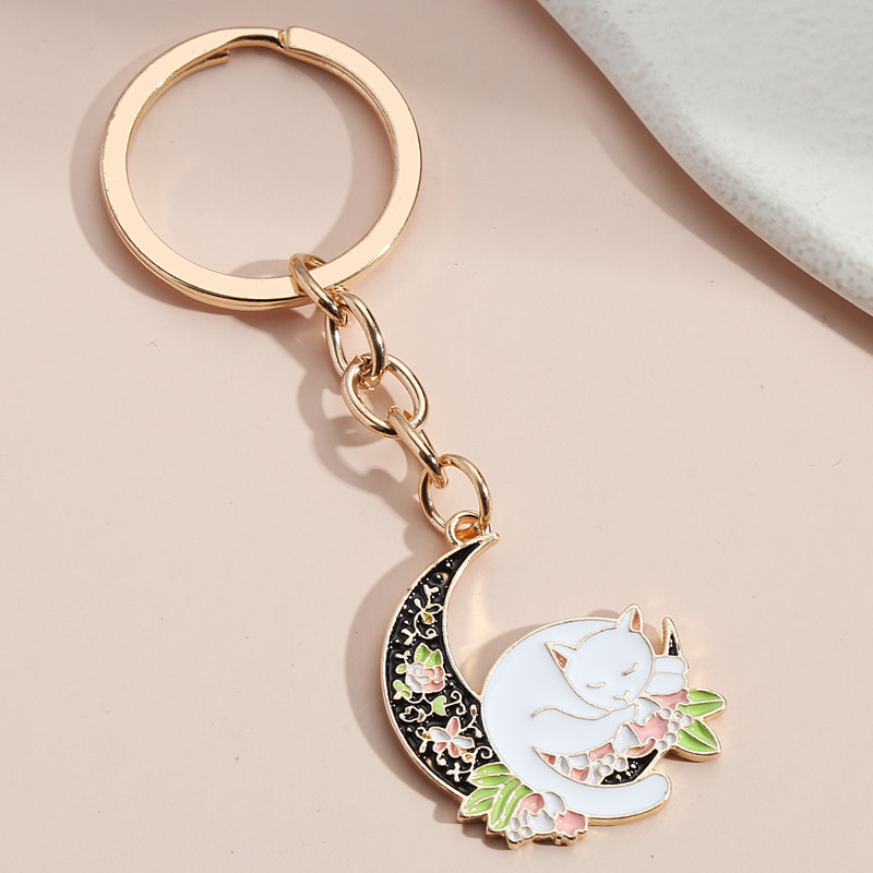 Breloc drăguț cu flori de lună, pisică, breloc chei emailat, cadouri cu animale pentru femei, bărbați, accesoriu pentru geantă, agățat mașină, bijuterii DIY
