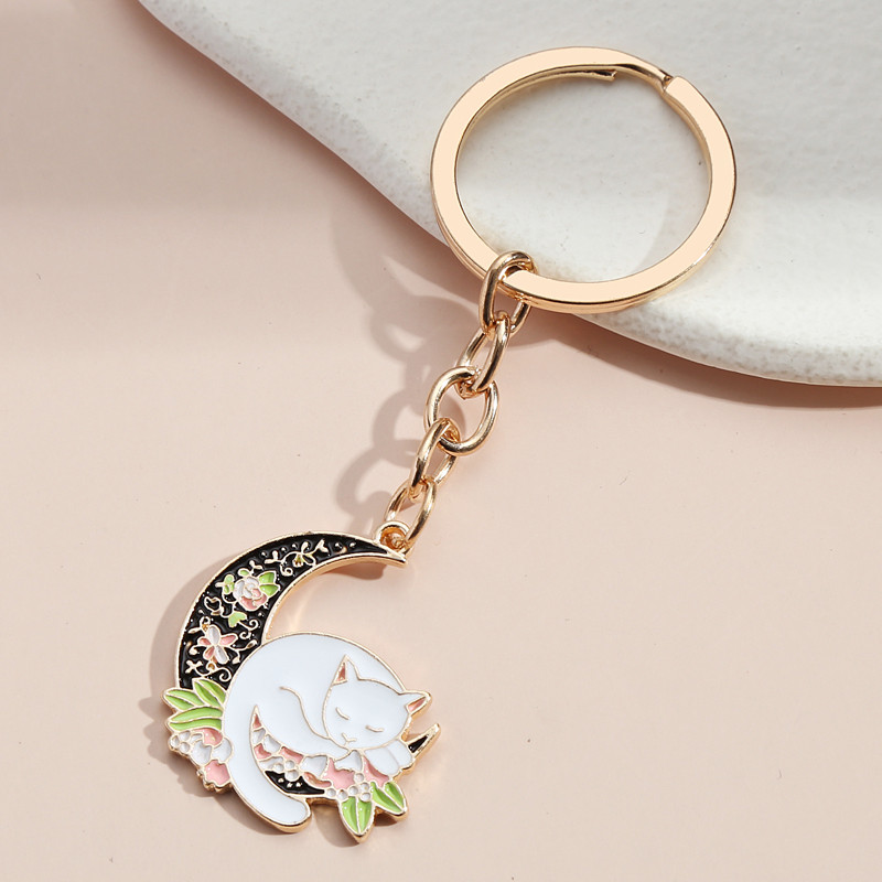 Breloc drăguț cu flori de lună, pisică, breloc chei emailat, cadouri cu animale pentru femei, bărbați, accesoriu pentru geantă, agățat mașină, bijuterii DIY