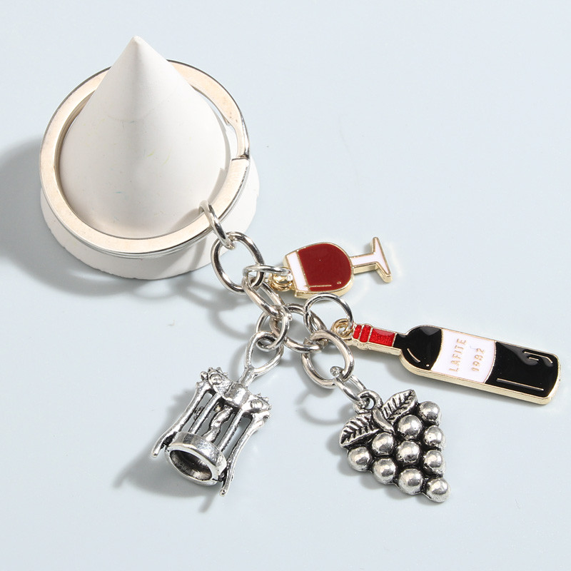 Breloc din metal emailat, struguri, pahar de vin rosu, deschizator de sticle, breloc pentru chei, pentru femei, barbati, bijuterii lucrate manual, cadouri
