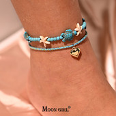 Brățară de gleznă cu mărgele de 4 mm pentru femei, cu dantelă, la modă, la modă Boemia, farmec pentru inimă, picior, stivuitoare, frânghie, desculț, lanț, bijuterii MOON GIRL