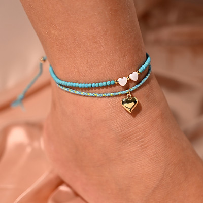 Brățară de gleznă cu mărgele de 4 mm pentru femei, cu dantelă, la modă, la modă Boemia, farmec pentru inimă, picior, stivuitoare, frânghie, desculț, lanț, bijuterii MOON GIRL