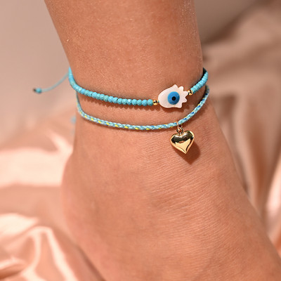 Brățară de gleznă cu mărgele de 4 mm pentru femei, cu dantelă, la modă, la modă Boemia, farmec pentru inimă, picior, stivuitoare, frânghie, desculț, lanț, bijuterii MOON GIRL