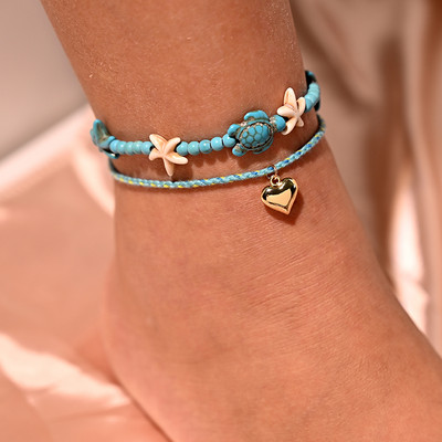 Brățară de gleznă cu mărgele de 4 mm pentru femei, cu dantelă, la modă, la modă Boemia, farmec pentru inimă, picior, stivuitoare, frânghie, desculț, lanț, bijuterii MOON GIRL