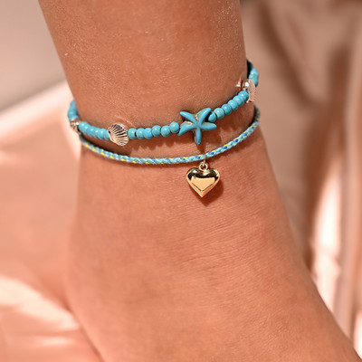 Brățară de gleznă cu mărgele de 4 mm pentru femei, cu dantelă, la modă, la modă Boemia, farmec pentru inimă, picior, stivuitoare, frânghie, desculț, lanț, bijuterii MOON GIRL