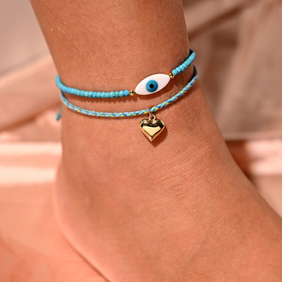 Brățară de gleznă cu mărgele de 4 mm pentru femei, cu dantelă, la modă, la modă Boemia, farmec pentru inimă, picior, stivuitoare, frânghie, desculț, lanț, bijuterii MOON GIRL