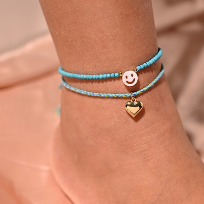 Brățară de gleznă cu mărgele de 4 mm pentru femei, cu dantelă, la modă, la modă Boemia, farmec pentru inimă, picior, stivuitoare, frânghie, desculț, lanț, bijuterii MOON GIRL