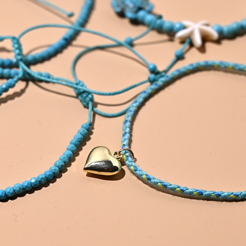 Brățară de gleznă cu mărgele de 4 mm pentru femei, cu dantelă, la modă, la modă Boemia, farmec pentru inimă, picior, stivuitoare, frânghie, desculț, lanț, bijuterii MOON GIRL