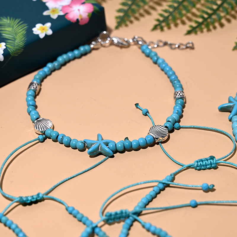 Brățară de gleznă cu mărgele de 4 mm pentru femei, cu dantelă, la modă, la modă Boemia, farmec pentru inimă, picior, stivuitoare, frânghie, desculț, lanț, bijuterii MOON GIRL