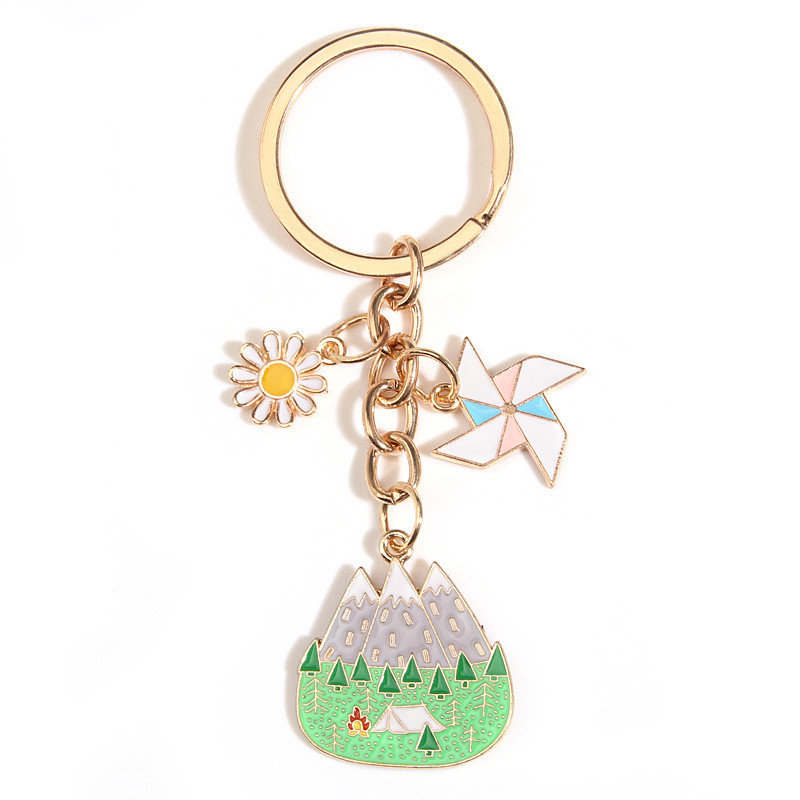 Breloc drăguț emailat cu flori, moara de vânt, chei de camping, cort, braț de munte, breloc, cadou suvenir pentru femei, bărbați, bijuterii lucrate manual