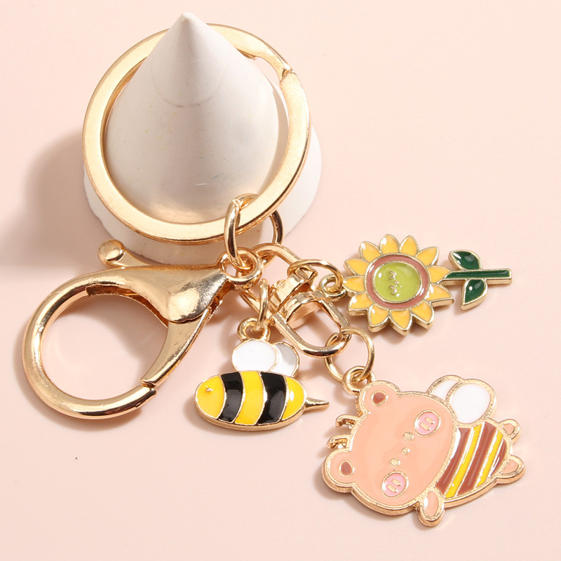 Kreslená smaltovaná kľúčenka s včelou medonosnou, slnečnicovou a medvedíkovou kľúčenkou, zvieracie kľúčenky pre ženy a mužov, kabelky, doplnky, DIY šperky, darčeky