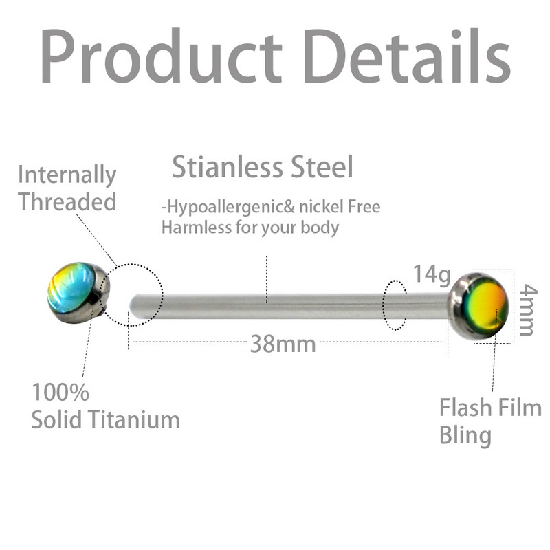 1 buc Film de titan Flash Bling Industrial Barbell ureche Tragus Helix Piercing urechi șurub interior cu ax din oțel chirurgical 14gX38mm