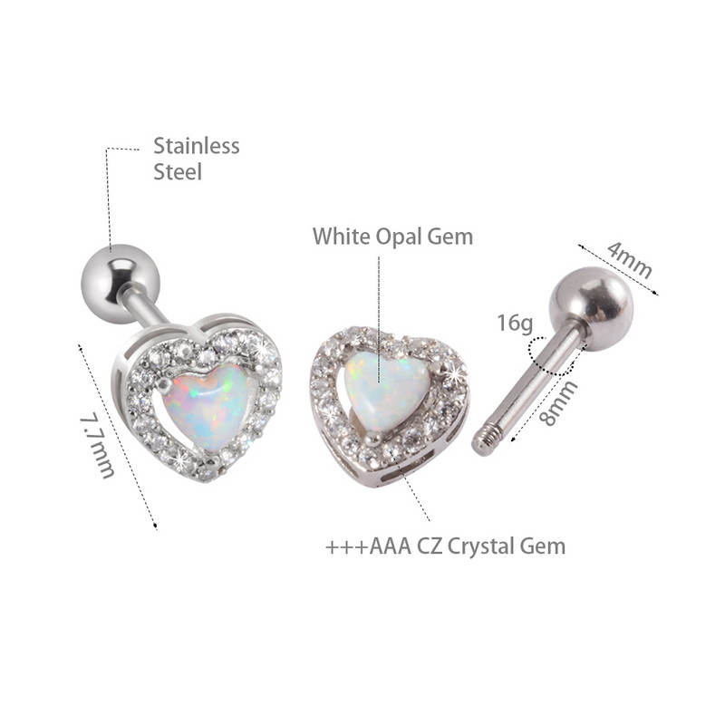 1 buc 16 g inimă albă opal ureche tragus cartilaj helix cercei stud care înconjoară CZ bijuterie conch lobe piercing mreană bijuterii pentru corp