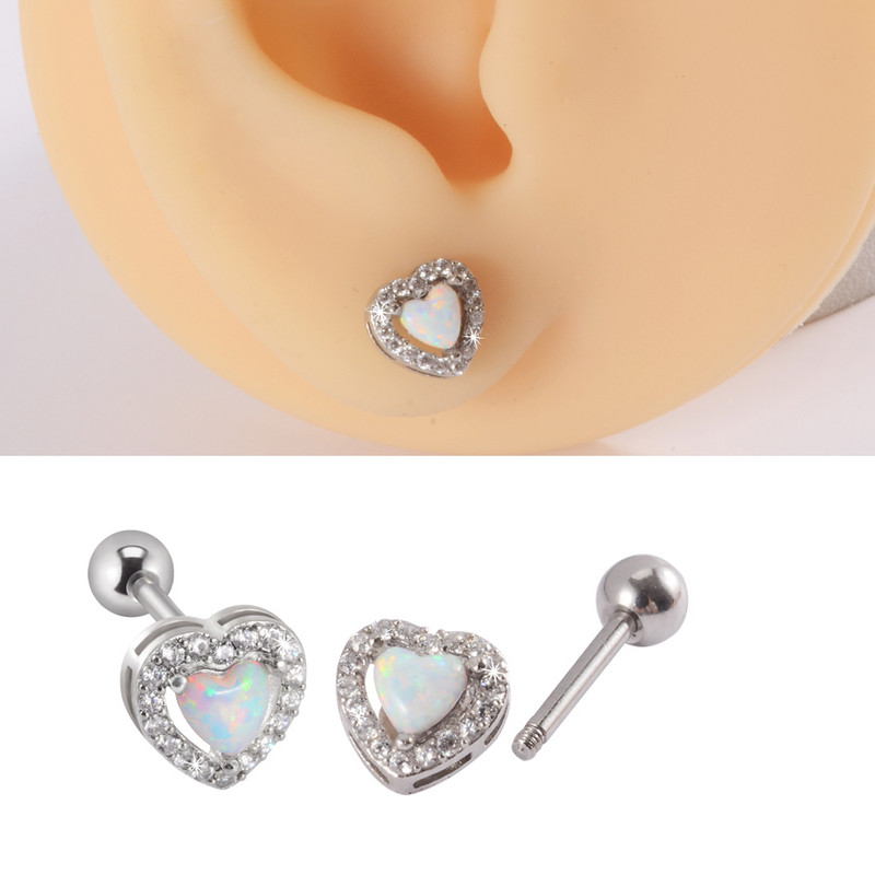 1 buc 16 g inimă albă opal ureche tragus cartilaj helix cercei stud care înconjoară CZ bijuterie conch lobe piercing mreană bijuterii pentru corp