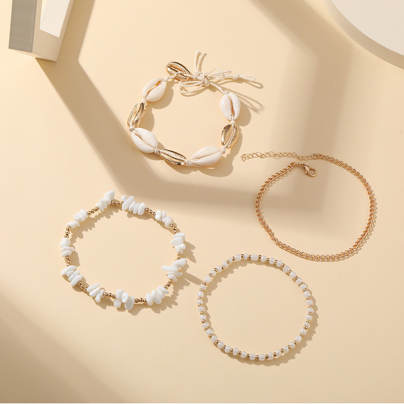 4 bucăți/Set de semințe boeme țesute cu mărgele brățară de gleznă de vară cu mai multe straturi de piatră albă, lanț de gleznă reglabil pentru fete