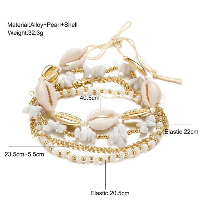 4 bucăți/Set de semințe boeme țesute cu mărgele brățară de gleznă de vară cu mai multe straturi de piatră albă, lanț de gleznă reglabil pentru fete