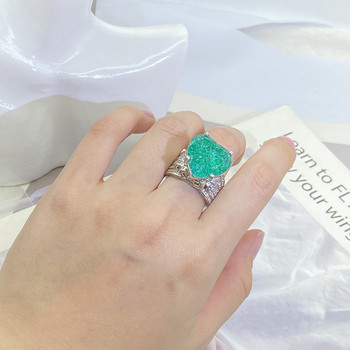 Елегантен пръстен Paraiba Emerald Heart Full Diamond за двойка за любовници на жени Геометричен сребърен подарък за Свети Валентин Парти бижута