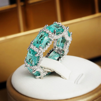 Πολυτελές Paraiba Sapphire Princess Cut Full Diamond Δαχτυλίδι Ζευγάρι Γυναικείο Γεωμετρικό Ζιργκόνιο Αρραβωνιαστικό Νυφικό κόσμημα