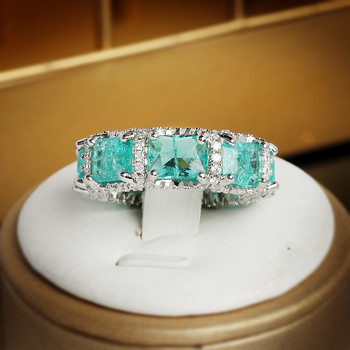 Луксозен пръстен за двойка Paraiba Sapphire Princess Cut Full Diamond за жени Геометричен циркониев годежен подарък за булчински бижута
