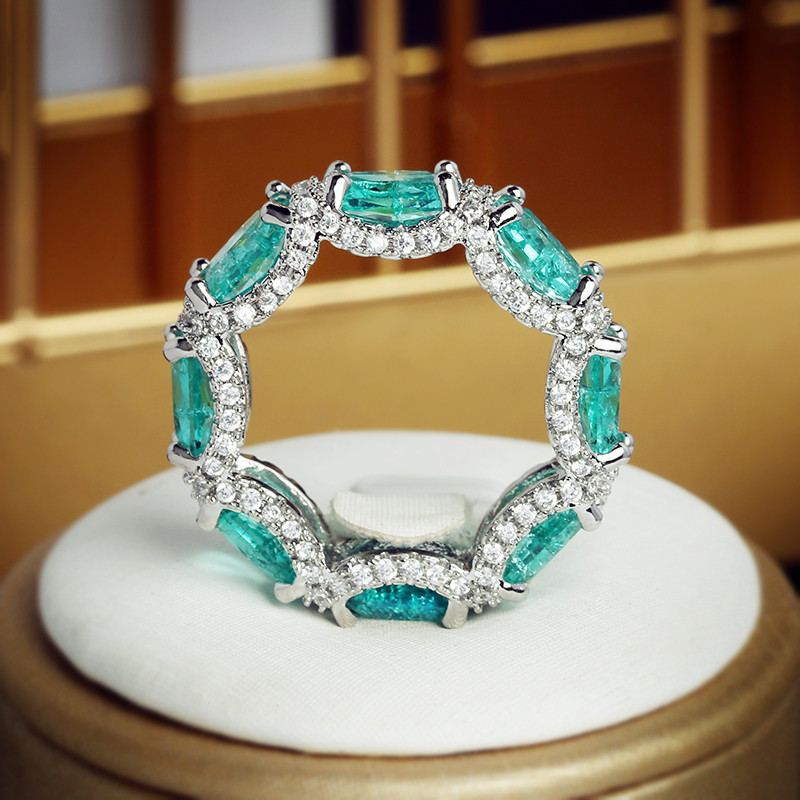 Luksuslik Paraiba safiirist printsessi lõigatud täisteemantne paarisõrmus naistele geomeetriline tsirkooniumoksiidist kihlamine pruudi kingituseks