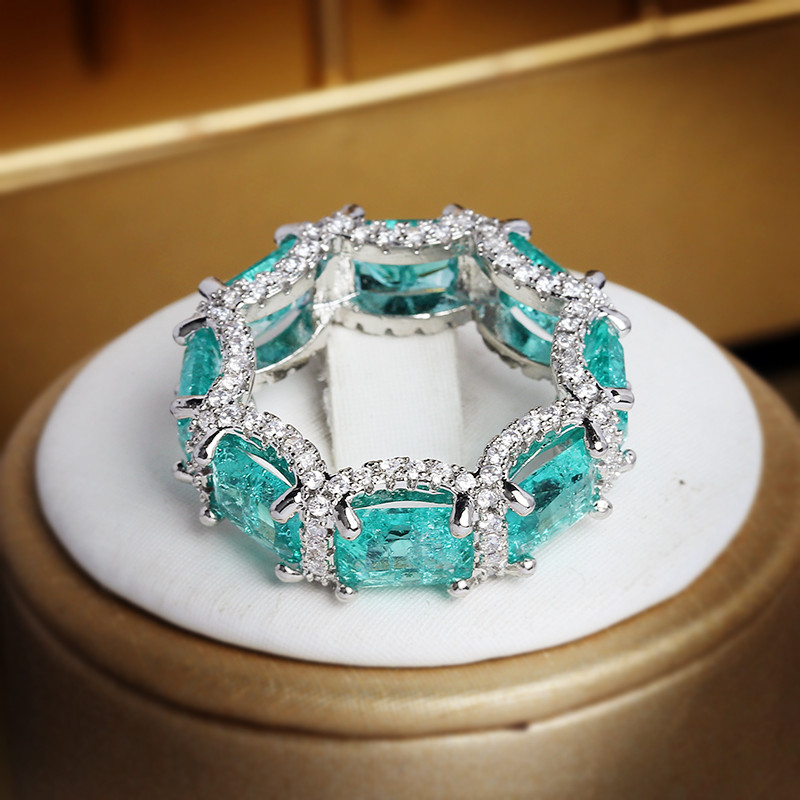 Luksuslik Paraiba safiirist printsessi lõigatud täisteemantne paarisõrmus naistele geomeetriline tsirkooniumoksiidist kihlamine pruudi kingituseks