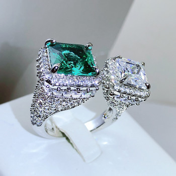 НОВ Creative Colorful Treasure Square Emerald Full Diamond Open Регулируем пръстен за двойка за жени Зелен юбилеен подарък Бижута