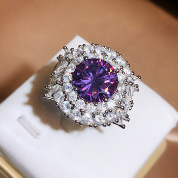 Луксозен двоен кръгъл пръстен за двойка принцеса с аметист и пълен диамант за жени, отварящи се регулируеми бижута за годишнина от лилав циркон