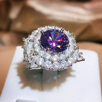 Луксозен двоен кръгъл пръстен за двойка принцеса с аметист и пълен диамант за жени, отварящи се регулируеми бижута за годишнина от лилав циркон