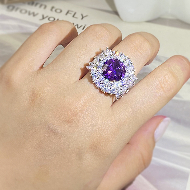 Luxusný dvojitý okrúhly ametystový princezná plný diamantový prsteň pre ženy, otvárací nastaviteľný fialový zirkón, výročie, šperky