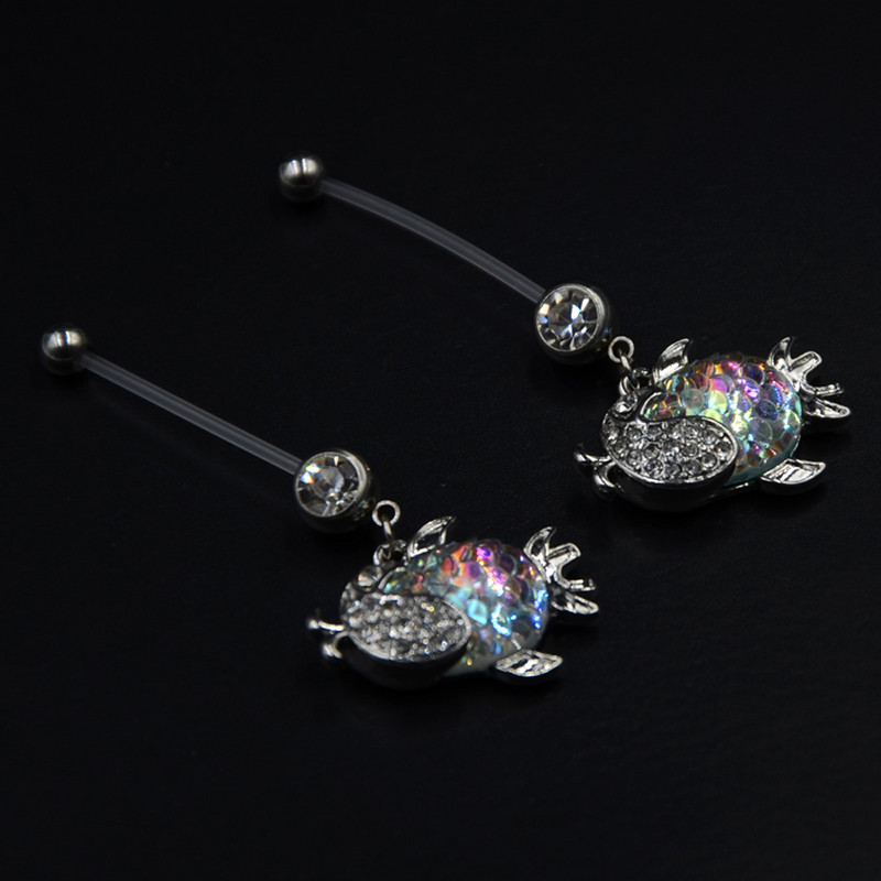 1 ks bioplastové flexibilné tehotenské piercing do pupka s drahokamom CZ, visiace piercingové šperky s dúhovou rybičkou
