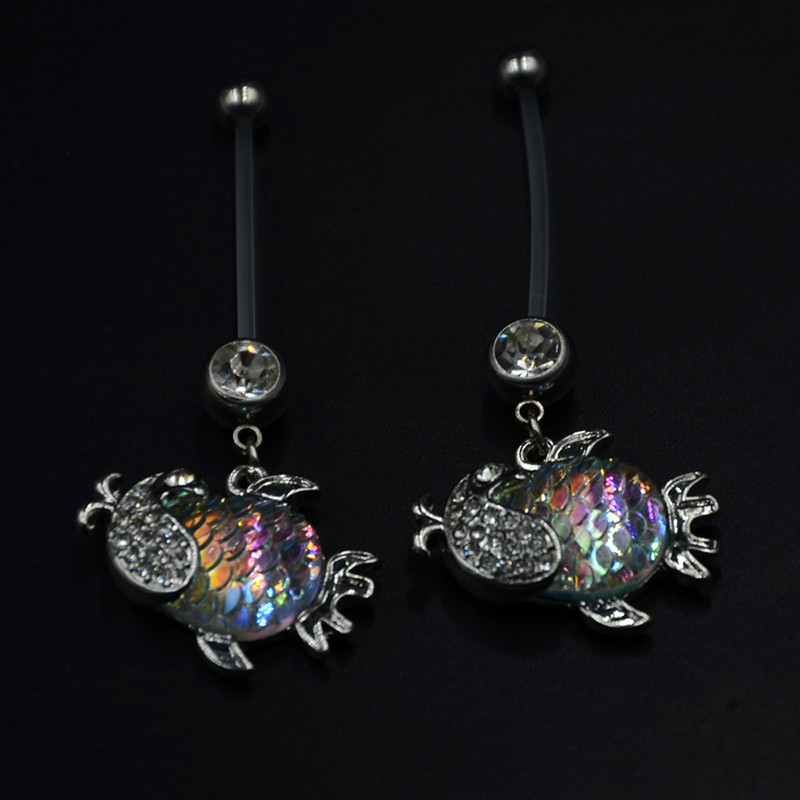 1 ks bioplastové flexibilné tehotenské piercing do pupka s drahokamom CZ, visiace piercingové šperky s dúhovou rybičkou